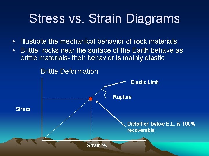 Stress vs. Strain Diagrams • Illustrate the mechanical behavior of rock materials • Brittle: