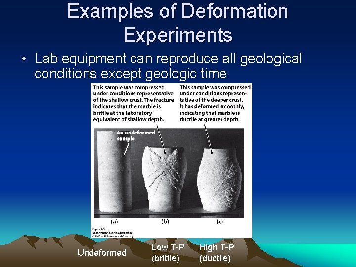 Examples of Deformation Experiments • Lab equipment can reproduce all geological conditions except geologic