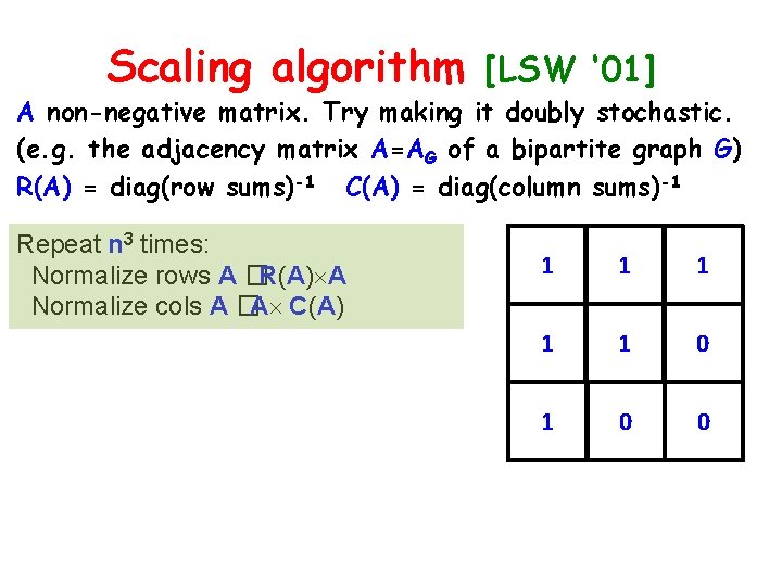 Scaling algorithm [LSW ‘ 01] A non-negative matrix. Try making it doubly stochastic. (e.