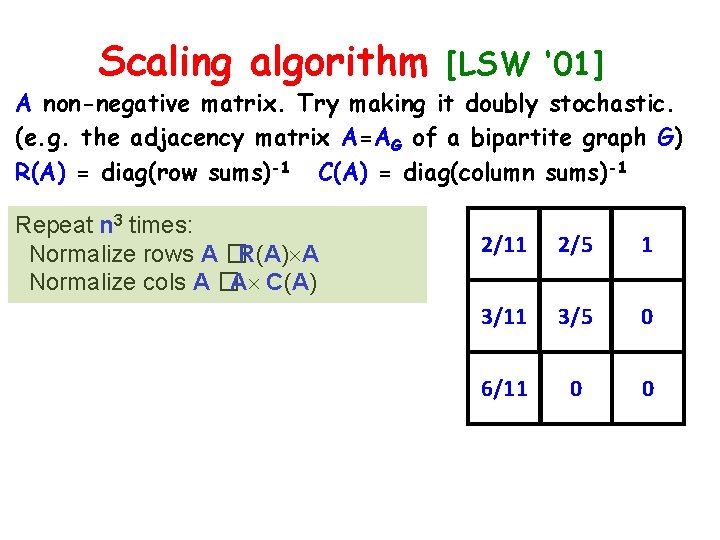 Scaling algorithm [LSW ‘ 01] A non-negative matrix. Try making it doubly stochastic. (e.