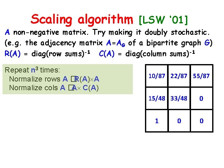 Scaling algorithm [LSW ‘ 01] A non-negative matrix. Try making it doubly stochastic. (e.