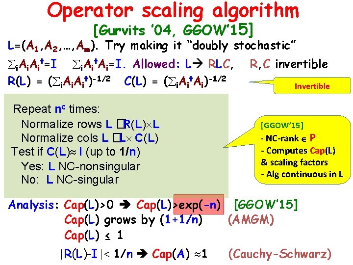 Operator scaling algorithm [Gurvits ’ 04, GGOW’ 15] L=(A 1, A 2, …, Am).