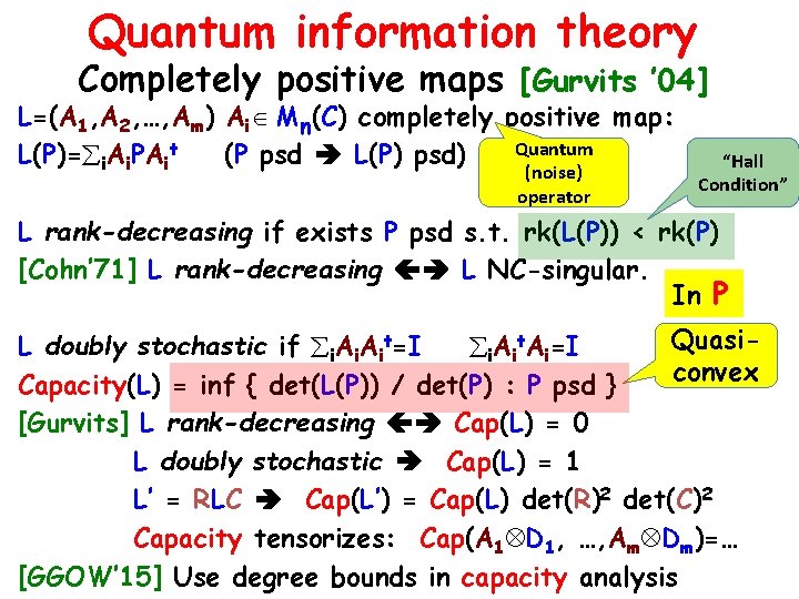 Quantum information theory Completely positive maps [Gurvits ’ 04] L=(A 1, A 2, …,