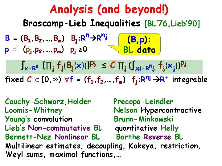 Analysis (and beyond!) Brascamp-Lieb Inequalities [BL’ 76, Lieb’ 90] B = (B 1, B