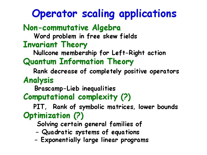 Operator scaling applications Non-commutative Algebra Word problem in free skew fields Invariant Theory Nullcone