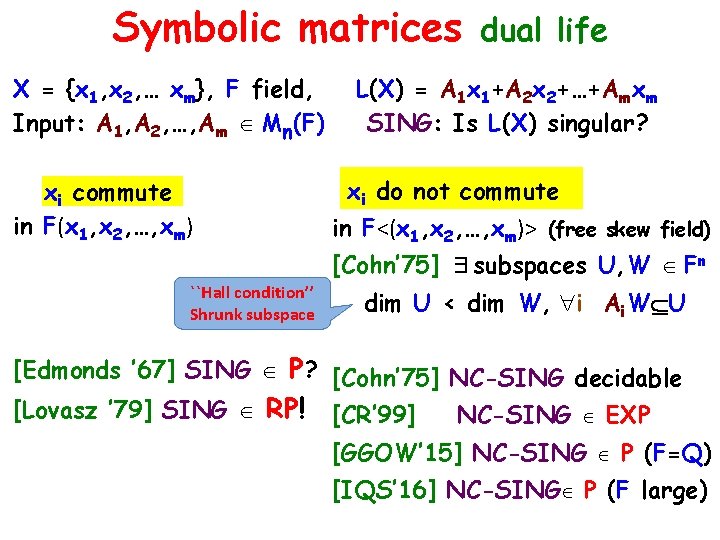 Symbolic matrices X = {x 1, x 2, … xm}, F field, Input: A