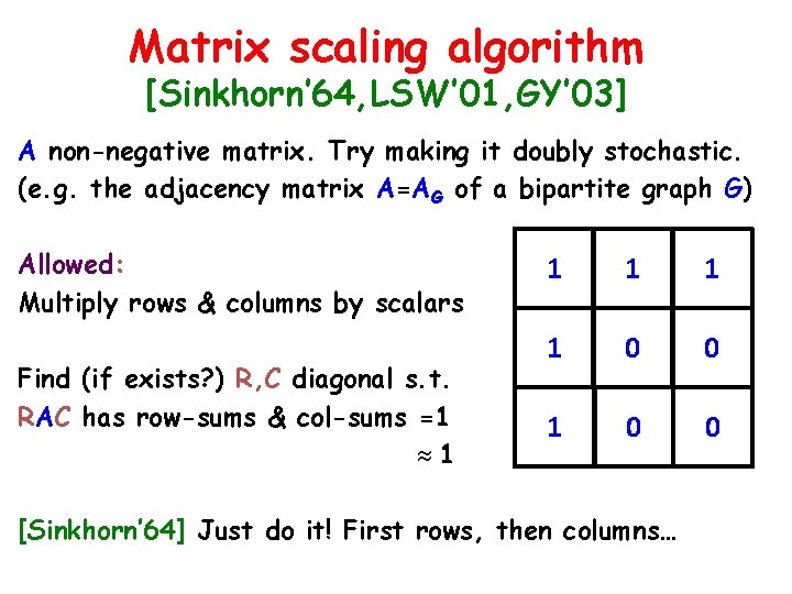 Matrix scaling algorithm [Sinkhorn’ 64, LSW’ 01, GY’ 03] A non-negative matrix. Try making