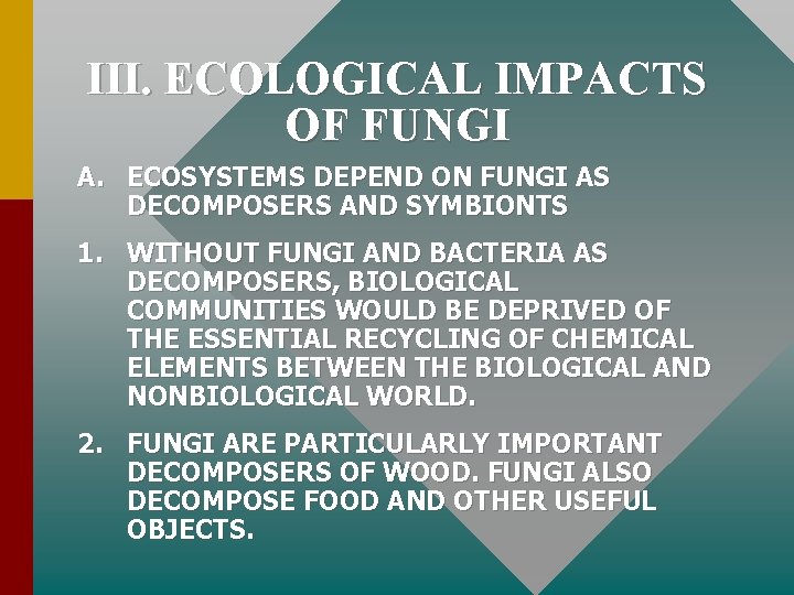 III. ECOLOGICAL IMPACTS OF FUNGI A. ECOSYSTEMS DEPEND ON FUNGI AS DECOMPOSERS AND SYMBIONTS