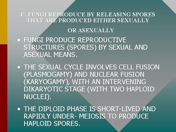 C. FUNGI REPRODUCE BY RELEASING SPORES THAT ARE PRODUCED EITHER SEXUALLY OR ASEXUALLY •