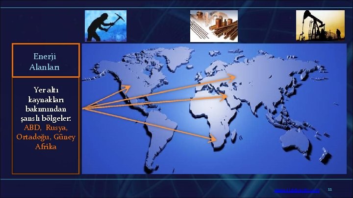 Enerji Alanları Yer altı kaynakları bakımından şanslı bölgeler: ABD, Rusya, Ortadoğu, Güney Afrika www.