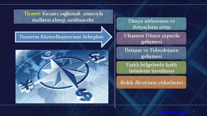 Ticaret: Kazanç sağlamak amacıyla malların alınıp, satılmasıdır. Ticaretin Küreselleşmesinin Sebepleri Dünya nüfusunun ve ihtiyaçların