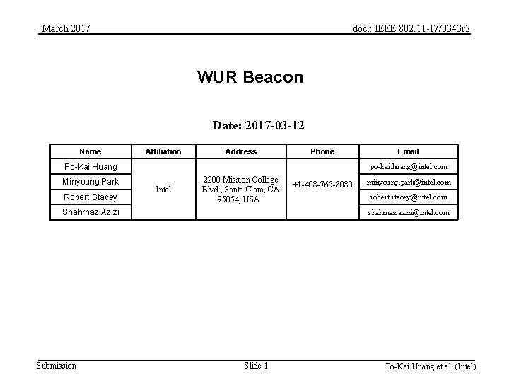 March 2017 doc. : IEEE 802. 11 -17/0343 r 2 WUR Beacon Date: 2017