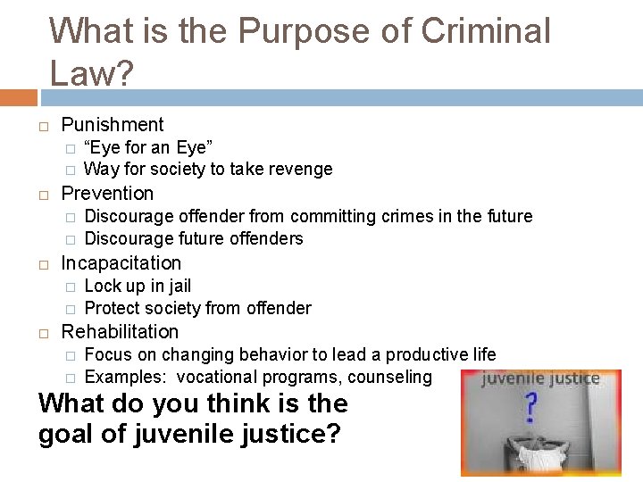 What is the Purpose of Criminal Law? Punishment � � Prevention � � Discourage