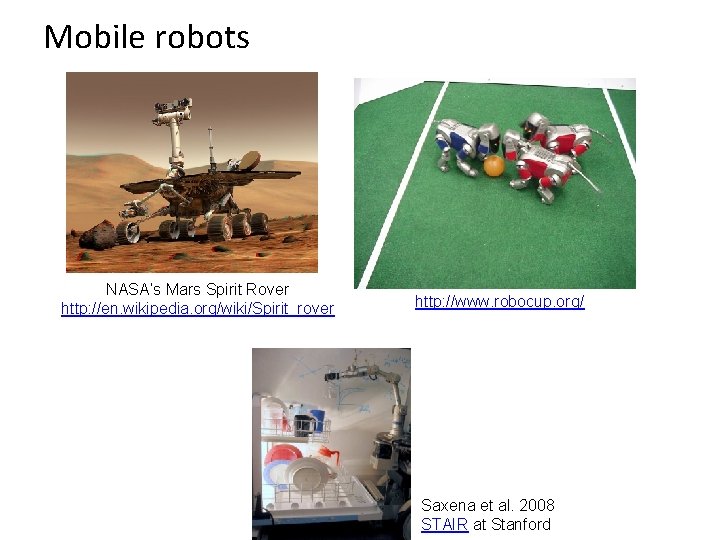Mobile robots NASA’s Mars Spirit Rover http: //en. wikipedia. org/wiki/Spirit_rover http: //www. robocup. org/