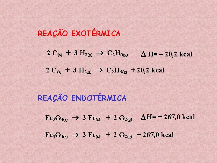 REAÇÃO EXOTÉRMICA 2 C(s) + 3 H 2(g) C 2 H 6(g) H= –