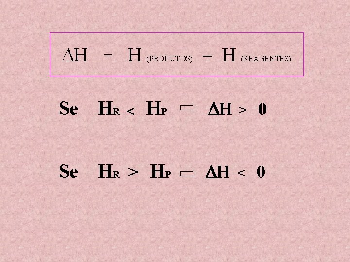  H = H (PRODUTOS) – H (REAGENTES) Se HR HP H > 0