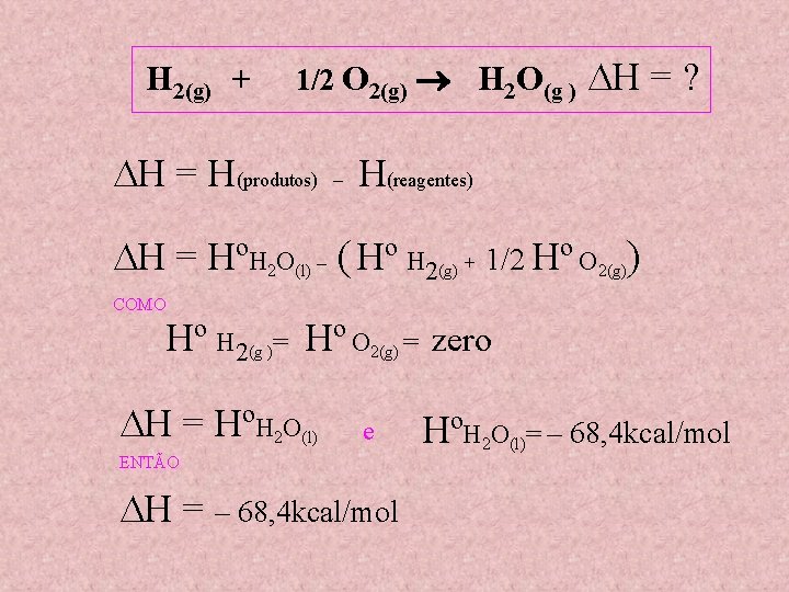 H 2(g) + 1/2 O 2(g) H 2 O(g ) H = H(produtos) –