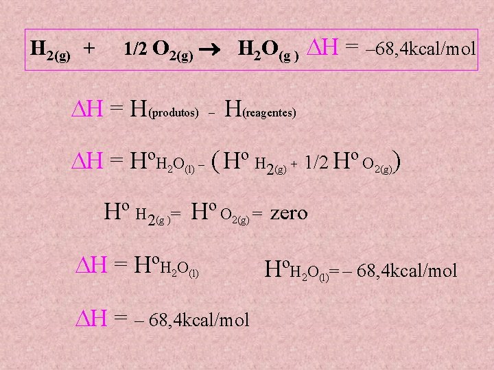 H 2(g) + 1/2 O 2(g) H 2 O(g ) H = H(produtos) –