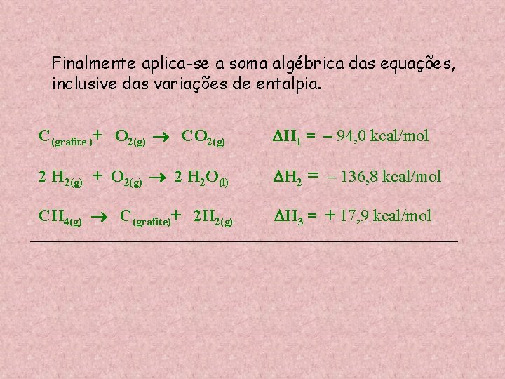 Finalmente aplica-se a soma algébrica das equações, inclusive das variações de entalpia. C(grafite )+