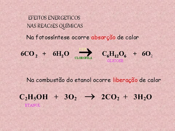 EFEITOS ENERGETICOS NAS REACõES QUÍMICAS Na fotossíntese ocorre absorção de calor 6 CO 2