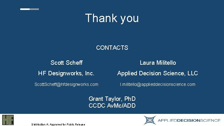 Thank you CONTACTS Scott Scheff Laura Militello HF Designworks, Inc. Applied Decision Science, LLC