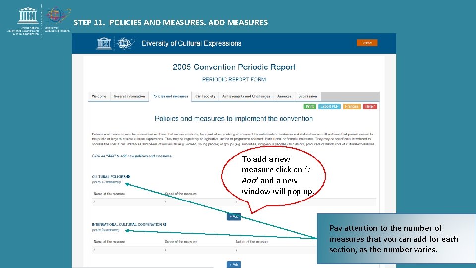 STEP 11. POLICIES AND MEASURES. ADD MEASURES To add a new measure click on