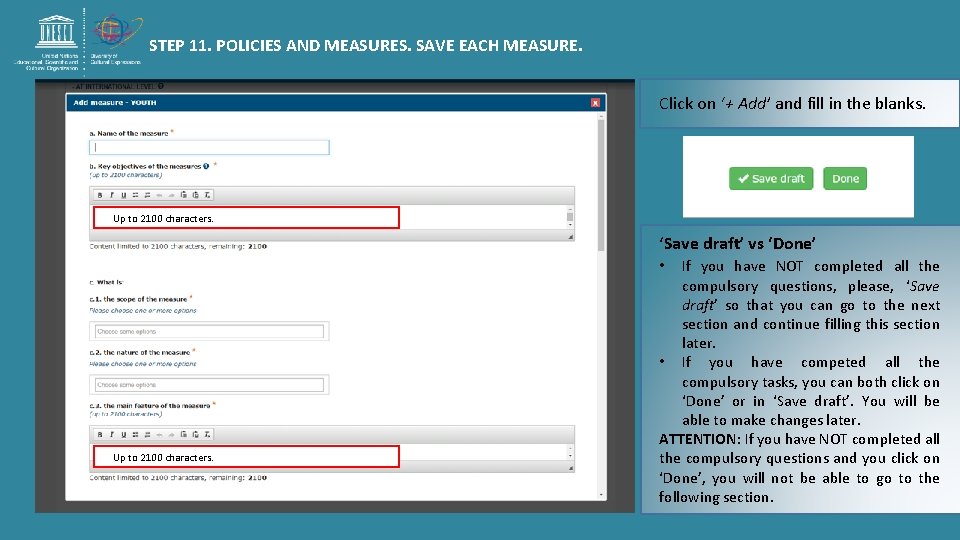 STEP 11. POLICIES AND MEASURES. SAVE EACH MEASURE. Click on ‘+ Add’ and fill