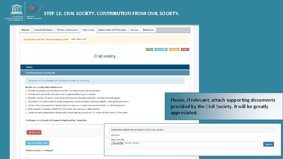 STEP 12. CIVIL SOCIETY. CONTRIBUTION FROM CIVIL SOCIETY. Please, if relevant, attach supporting documents