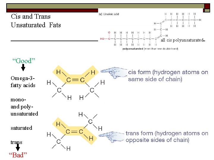 Cis and Trans Unsaturated Fats all cis polyunsaturated “Good” Omega-3 fatty acids monoand polyunsaturated