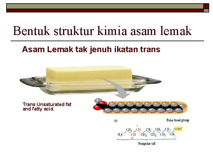 Bentuk struktur kimia asam lemak Asam Lemak tak jenuh ikatan trans Trans Unsaturated fat