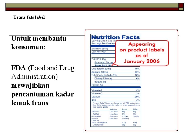 Trans fats label Untuk membantu konsumen: FDA (Food and Drug Administration) mewajibkan pencantuman kadar