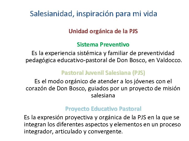 Salesianidad, inspiración para mi vida Unidad orgánica de la PJS Sistema Preventivo Es la