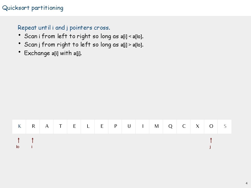 Quicksort partitioning Repeat until i and j pointers cross. • Scan i from left