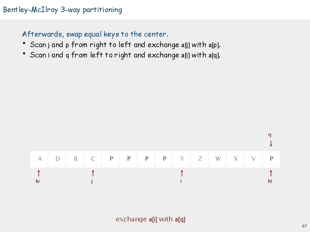 Bentley-Mc. Ilroy 3 -way partitioning Afterwards, swap equal keys to the center. • Scan