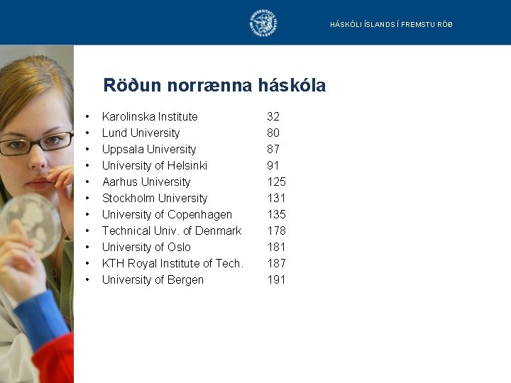 HÁSKÓLI ÍSLANDS Í FREMSTU RÖÐ Röðun norrænna háskóla • • • Karolinska Institute Lund