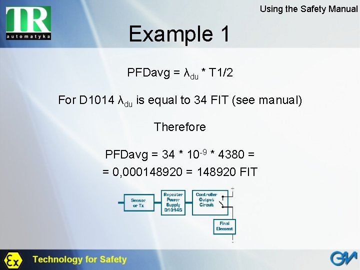 Using the Safety Manual Example 1 PFDavg = λdu * T 1/2 For D