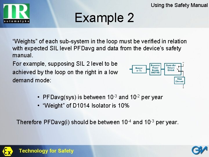 Using the Safety Manual Example 2 “Weights” of each sub-system in the loop must