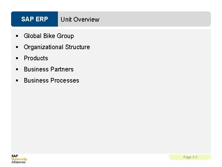 SAP ERP Unit Overview § Global Bike Group § Organizational Structure § Products §