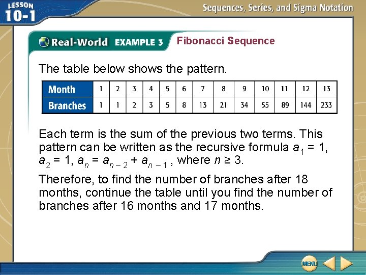 Fibonacci Sequence The table below shows the pattern. Each term is the sum of