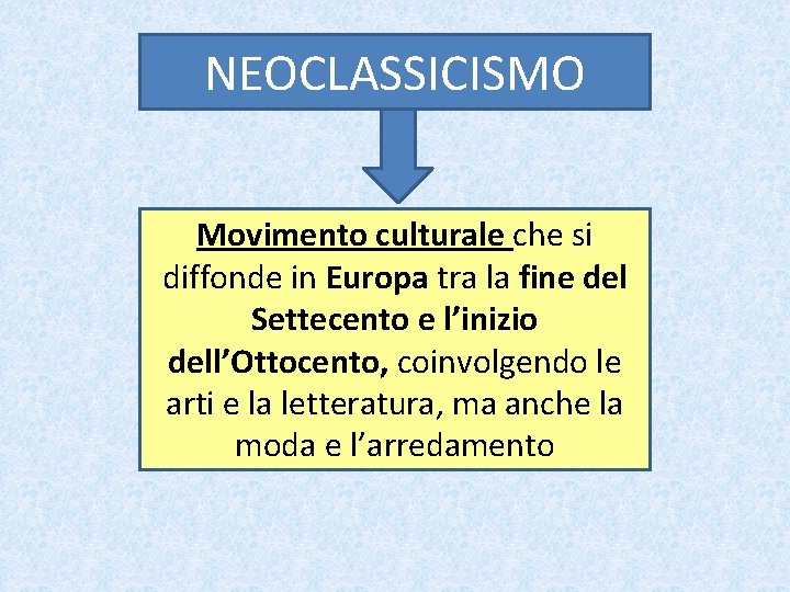 NEOCLASSICISMO Movimento culturale che si diffonde in Europa tra la fine del Settecento e