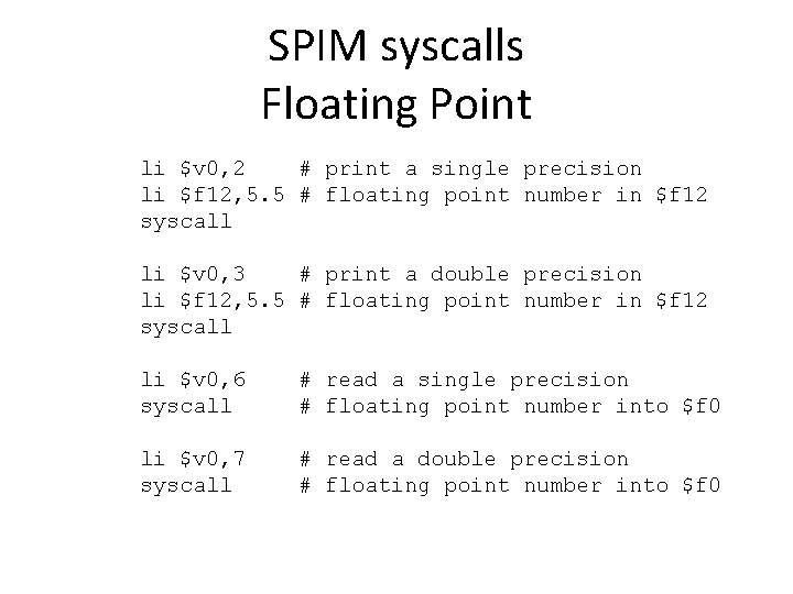 SPIM syscalls Floating Point li $v 0, 2 # print a single precision li