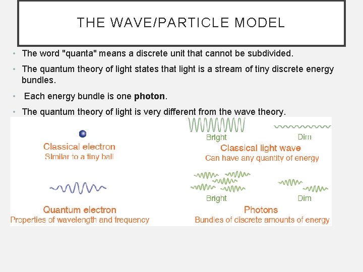THE WAVE/PARTICLE MODEL • The word "quanta" means a discrete unit that cannot be
