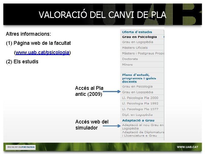 VALORACIÓ DEL CANVI DE PLA Altres informacions: (1) Pàgina web de la facultat (www.