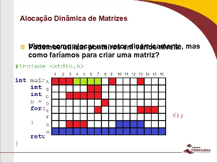 Alocação Dinâmica de Matrizes n Vimos como alocar um vetor dinamicamente, Podemos utilizar ponteiros