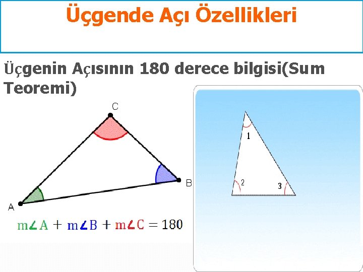 Üçgende Açı Özellikleri Üçgenin Açısının 180 derece bilgisi(Sum Teoremi) 