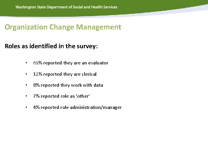 Organization Change Management Roles as identified in the survey: • 69% reported they are