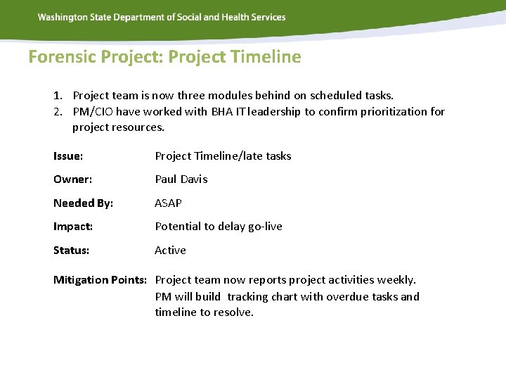 Forensic Project: Project Timeline 1. Project team is now three modules behind on scheduled