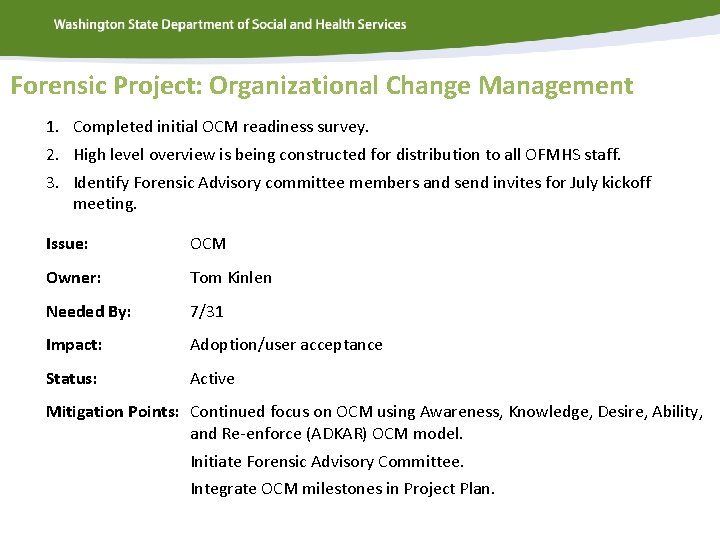 Forensic Project: Organizational Change Management 1. Completed initial OCM readiness survey. 2. High level