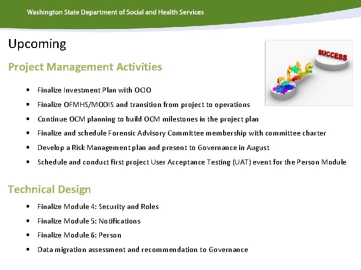 Upcoming Project Management Activities § Finalize Investment Plan with OCIO § Finalize OFMHS/MODIS and