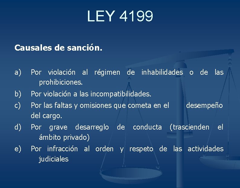 LEY 4199 Causales de sanción. a) Por violación al régimen de inhabilidades o de